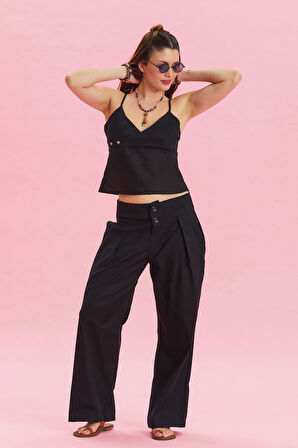 Pileli Verev Kesim Düğmeli Bohem Pantolon