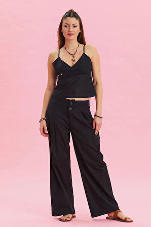 Pileli Verev Kesim Düğmeli Bohem Pantolon