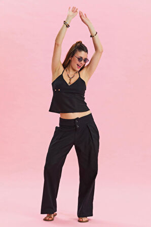 Pileli Verev Kesim Düğmeli Bohem Pantolon