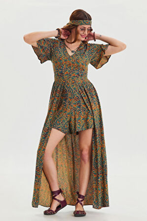 Boyundan Bağlamalı Pacası Lastikli Kadın Bohem Tulum