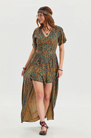 Boyundan Bağlamalı Pacası Lastikli Kadın Bohem Tulum