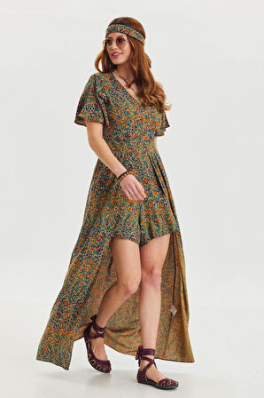 Boyundan Bağlamalı Pacası Lastikli Kadın Bohem Tulum