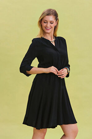 Hakim Yaka Düğme Detaylı Midi Elbise