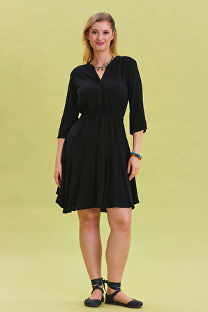 Hakim Yaka Düğme Detaylı Midi Elbise