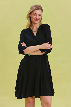 Hakim Yaka Düğme Detaylı Midi Elbise