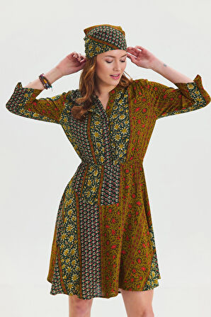 Hakim Yaka Düğme Detaylı Midi Elbise