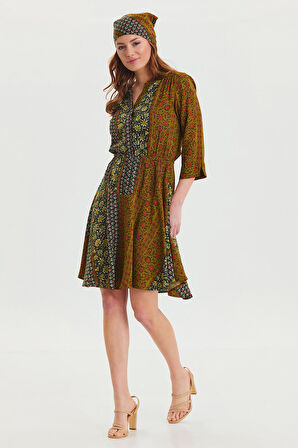 Hakim Yaka Düğme Detaylı Midi Elbise