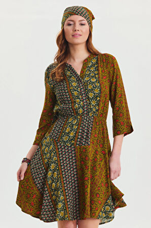 Hakim Yaka Düğme Detaylı Midi Elbise