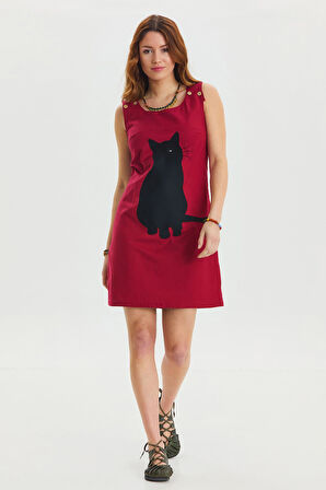 U Yaka Kedi Figürlü Düğme Detaylı Bohem Elbise