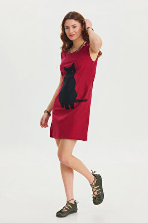 U Yaka Kedi Figürlü Düğme Detaylı Bohem Elbise