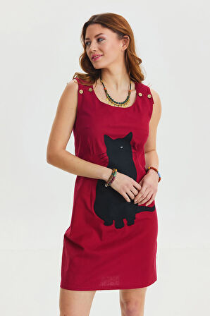 U Yaka Kedi Figürlü Düğme Detaylı Bohem Elbise