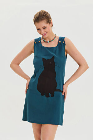 U Yaka Kedi Figürlü Düğme Detaylı Bohem Elbise