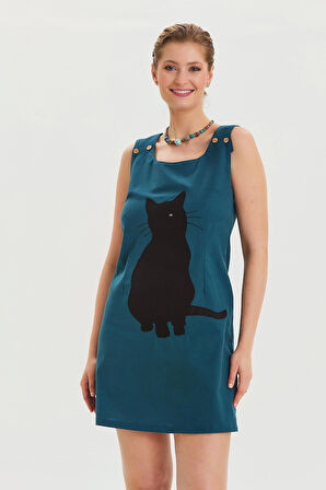 U Yaka Kedi Figürlü Düğme Detaylı Bohem Elbise