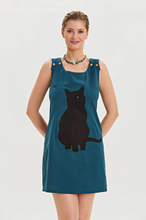 U Yaka Kedi Figürlü Düğme Detaylı Bohem Elbise