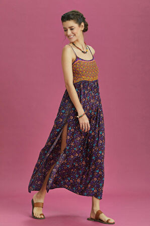 Askılı Yırtmaçlı Çiçekli Robadan Elbise