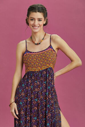 Askılı Yırtmaçlı Çiçekli Robadan Elbise