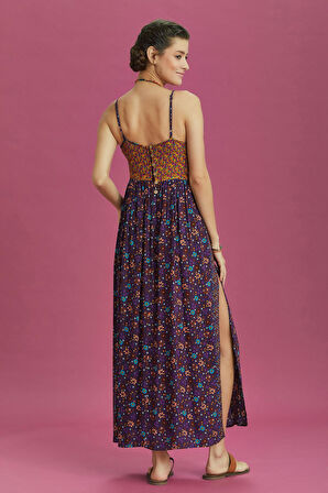 Askılı Yırtmaçlı Çiçekli Robadan Elbise