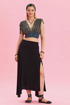 Fermuar Detaylı Yırtmaçlı Asimetrik Etek