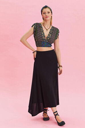 Fermuar Detaylı Yırtmaçlı Asimetrik Etek