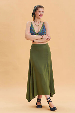 Fermuar Detaylı Yırtmaçlı Asimetrik Etek