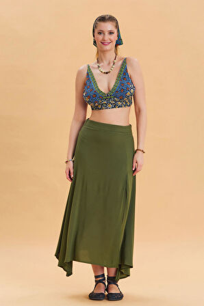 Fermuar Detaylı Yırtmaçlı Asimetrik Etek