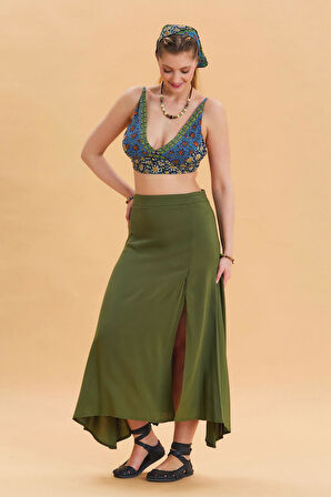 Fermuar Detaylı Yırtmaçlı Asimetrik Etek