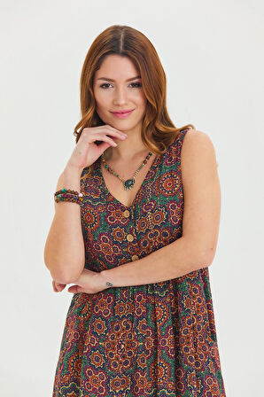 V Yaka Düğme Detaylı Kolsuz Otantik Elbise