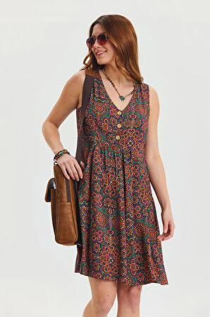 V Yaka Düğme Detaylı Kolsuz Otantik Elbise