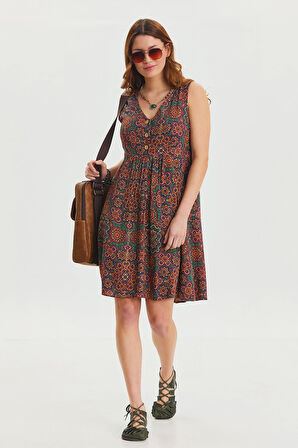 V Yaka Düğme Detaylı Kolsuz Otantik Elbise