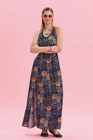 V Yaka Yırtmaçlı Günlük Elbise