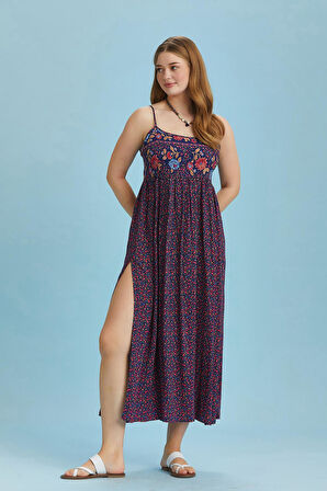 Askılı Yırtmaçlı Pembe Çiçekli Robadan Büyük Beden Elbise