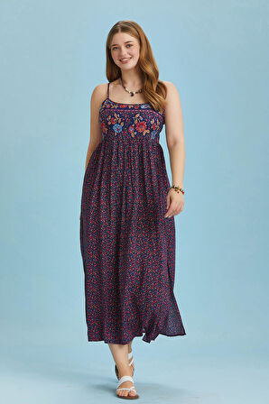 Askılı Yırtmaçlı Pembe Çiçekli Robadan Büyük Beden Elbise