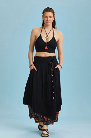 Bohem Tarz Düğme Detaylı Kloş Etek