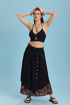 Bohem Tarz Düğme Detaylı Kloş Etek