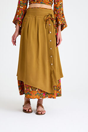 Bohem Tarz Düğme Detaylı Kloş Etek