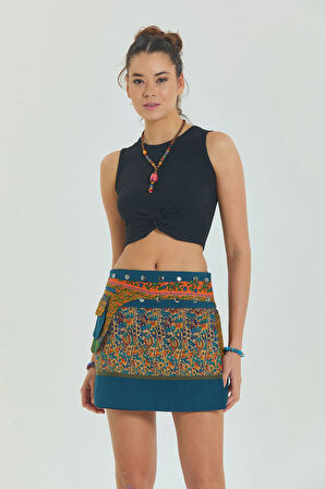 Çiçekli Patch Zımba Detaylı Cepli Mini Etek