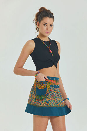 Çiçekli Patch Zımba Detaylı Cepli Mini Etek