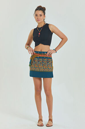 Çiçekli Patch Zımba Detaylı Cepli Mini Etek