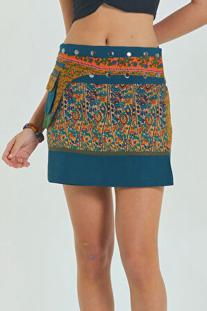 Çiçekli Patch Zımba Detaylı Cepli Mini Etek