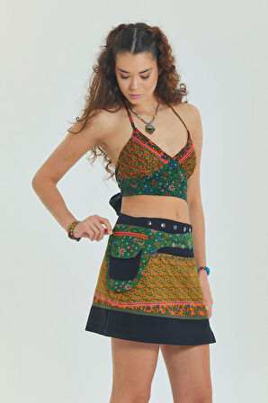 Çiçekli Patch Zımba Detaylı Cepli Mini Etek