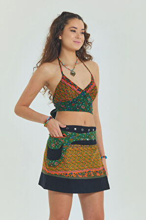 Çiçekli Patch Zımba Detaylı Cepli Mini Etek