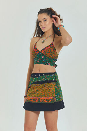 Çiçekli Patch Zımba Detaylı Cepli Mini Etek