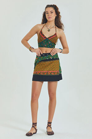 Çiçekli Patch Zımba Detaylı Cepli Mini Etek