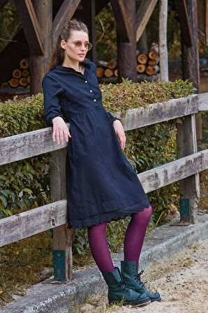 Hakim Yaka Beli Lastikli Dantelli Kışlık Elbise