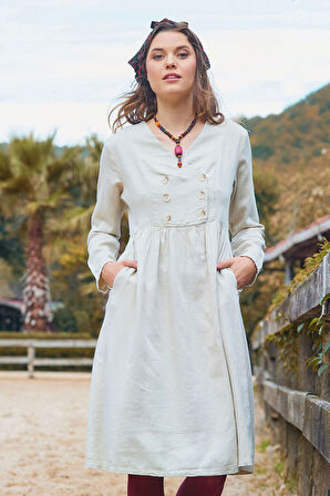 V Yaka Düğme Detaylı Fermuar Kapamalı Uzun Kollu Elbise