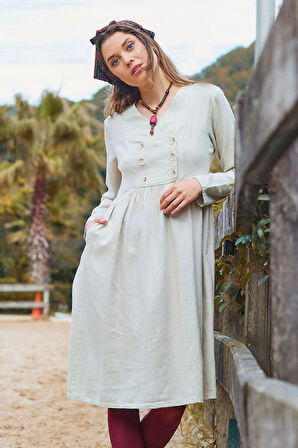 V Yaka Düğme Detaylı Fermuar Kapamalı Uzun Kollu Elbise