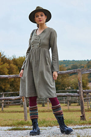 V Yaka Düğme Detaylı Fermuar Kapamalı Uzun Kollu Elbise