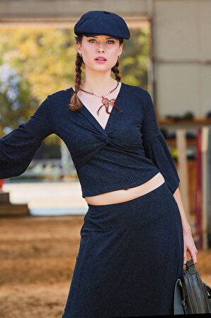 Kruvaze Yaka Yarım Kollu Kışlık Bluz