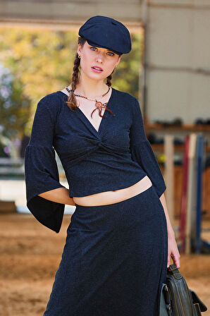 Kruvaze Yaka Yarım Kollu Kışlık Bluz