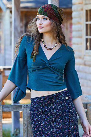 Kruvaze Yaka Yarım Kollu Kışlık Bluz